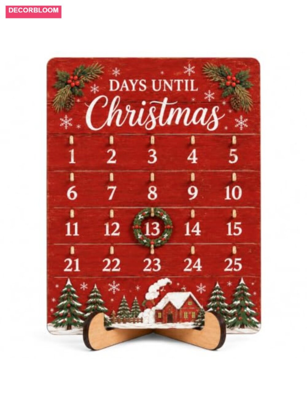 Wooden Advent Calendar Countdown Board Rustic Wreath 30x20cm Reusable